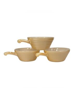 3 Vintage Fire King Oven Ware Peach Luster Beehive Handled Soup Chili Bowl